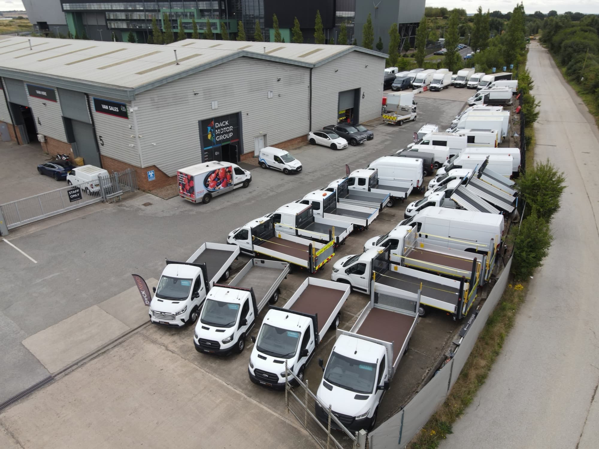 Aerial view of the Dack Motor Group site with rows of vans and conversions